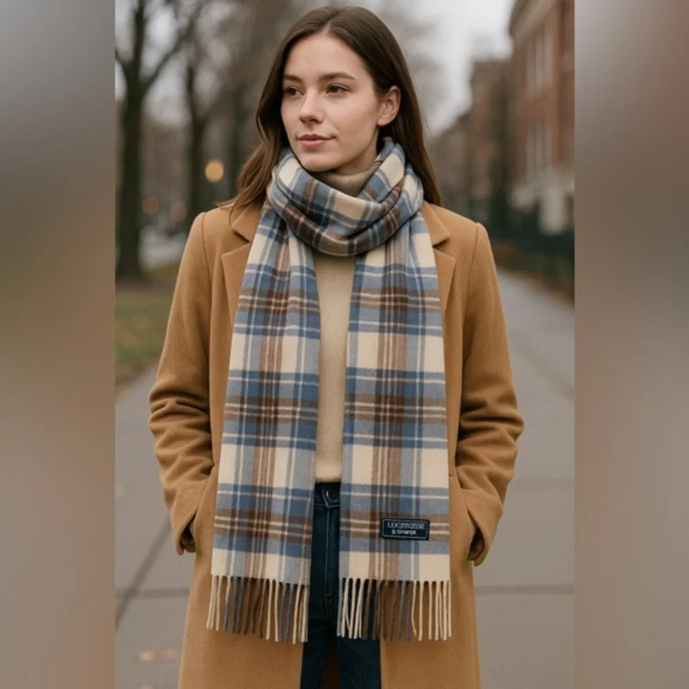 100% CASHMERE Plaid Fringe Scarf Blue Cream Brown Soft Luxe Winter Wrap EUC 2481